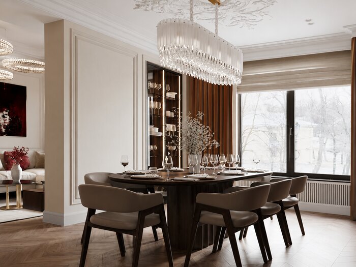 Лаконичная неоклассика с винными акцентами в ЖК «Grand View» - 126 м²