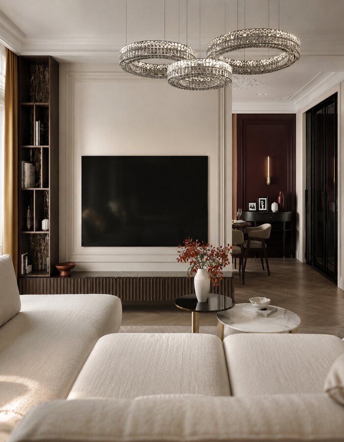 Лаконичная неоклассика с винными акцентами в ЖК «Grand View» - 126 м²