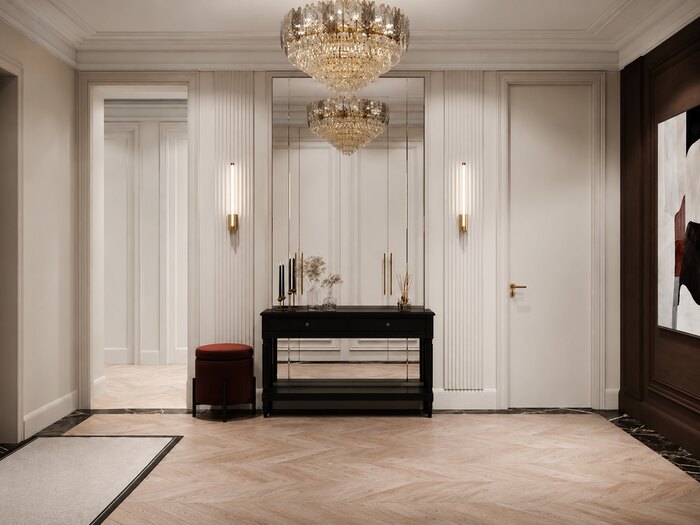 Лаконичная неоклассика с винными акцентами в ЖК «Grand View» - 126 м²