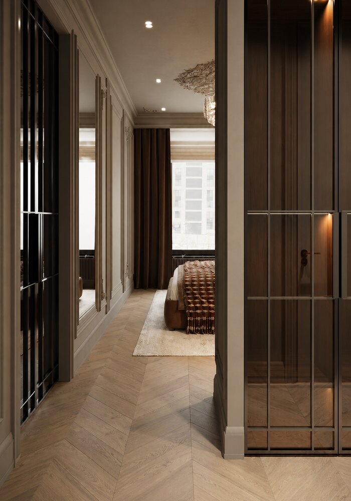 Лаконичная неоклассика с винными акцентами в ЖК «Grand View» - 126 м²