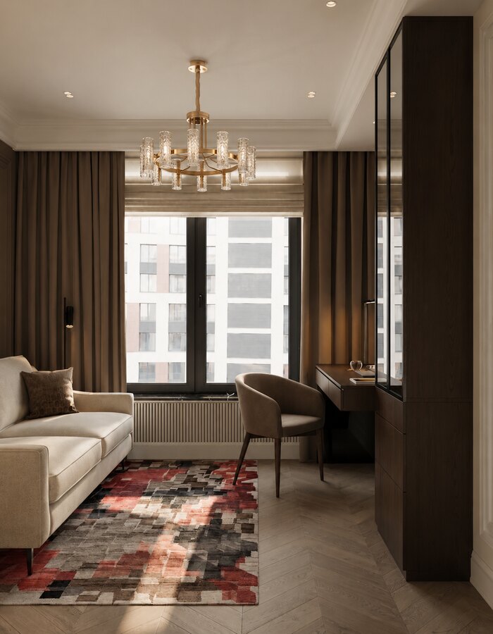 Лаконичная неоклассика с винными акцентами в ЖК «Grand View» - 126 м²