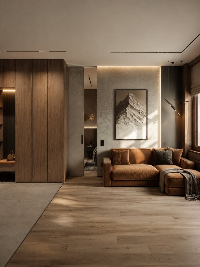 Современный минимализм с лофт элементами в ЖК Бакунина, 33 - 50 м²