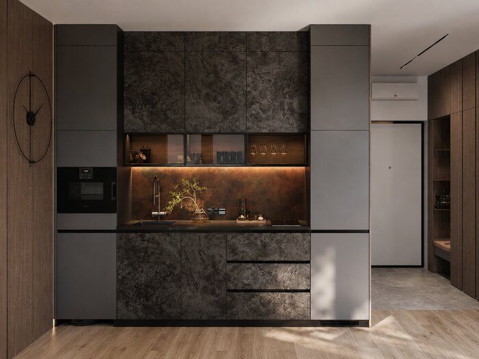 Современный минимализм с лофт элементами в ЖК Бакунина, 33 - 50 м²
