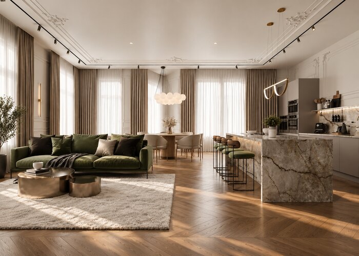 Светлый интерьер в стиле современная классика в ЖК «Pulse Premier» - 177 м²