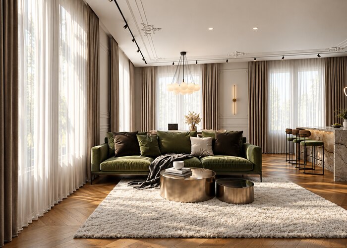 Светлый интерьер в стиле современная классика в ЖК «Pulse Premier» - 177 м²