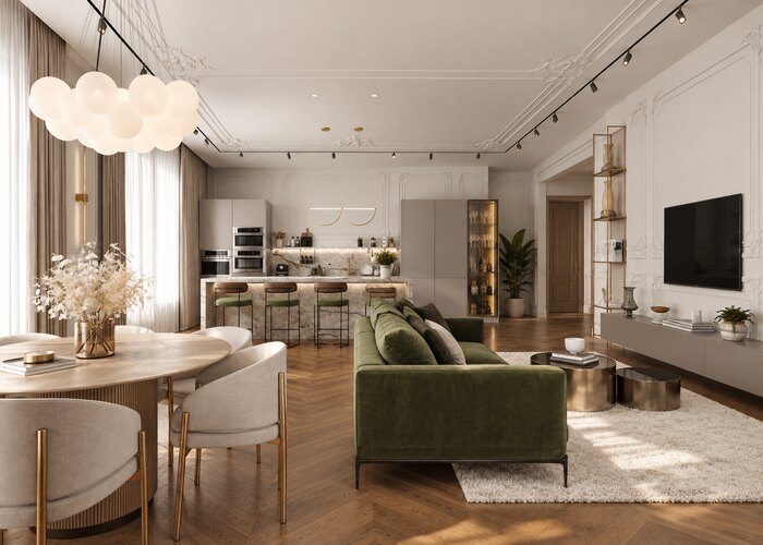Светлый интерьер в стиле современная классика в ЖК «Pulse Premier» - 177 м²