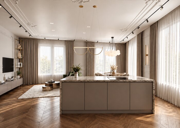 Светлый интерьер в стиле современная классика в ЖК «Pulse Premier» - 177 м²