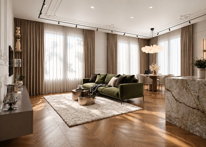 Светлый интерьер в стиле современная классика в ЖК «Pulse Premier» - 177 м²