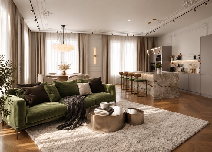 Светлый интерьер в стиле современная классика в ЖК «Pulse Premier» - 177 м²