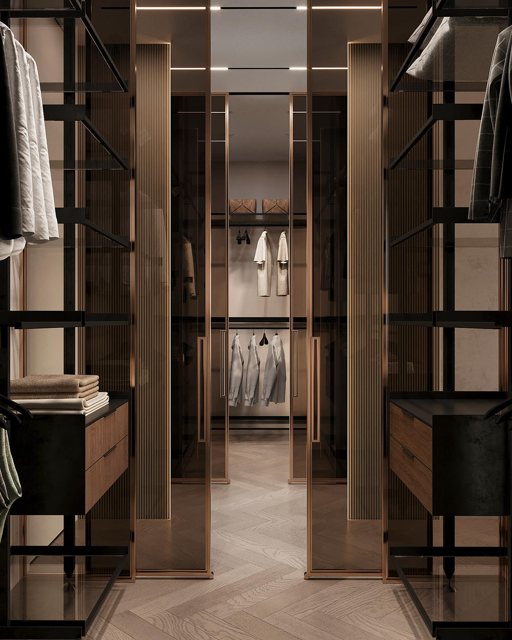 Пример стильного решения по дизайну гардеробной комнаты в квартире в ЖК Фамилия