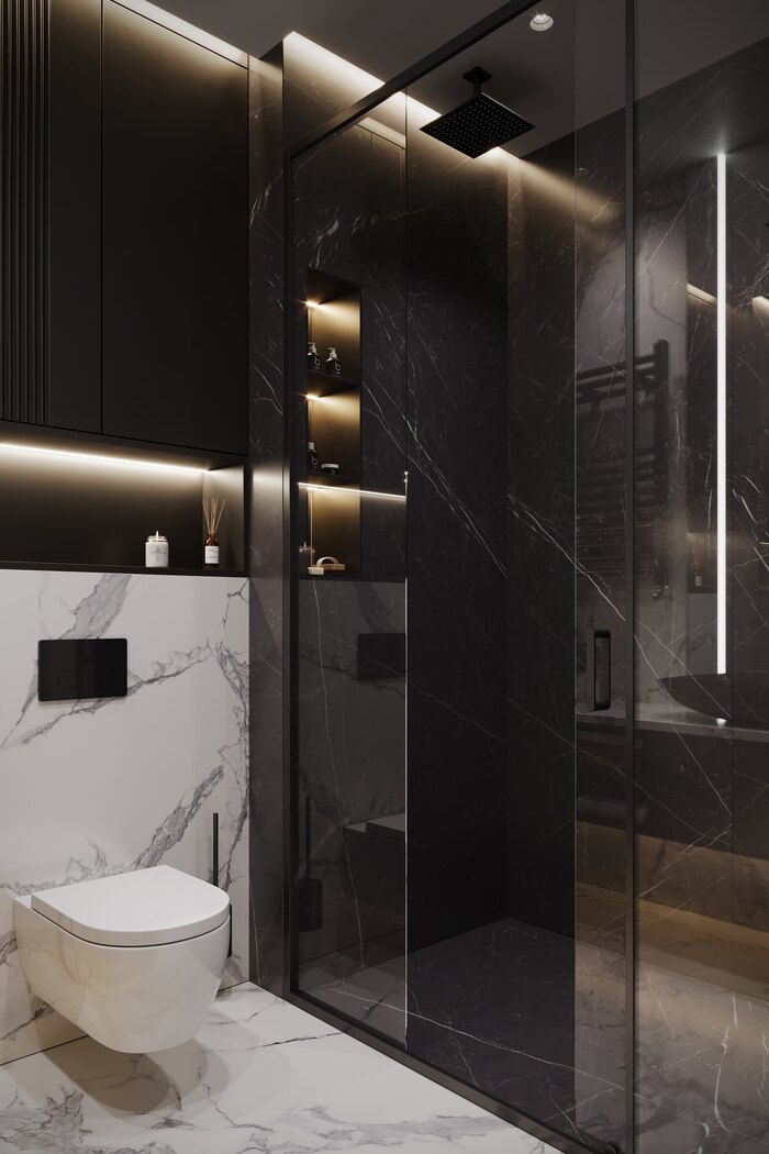 Сочетание темного и светлого в отделке душевой и санитарной зоны в квартире
