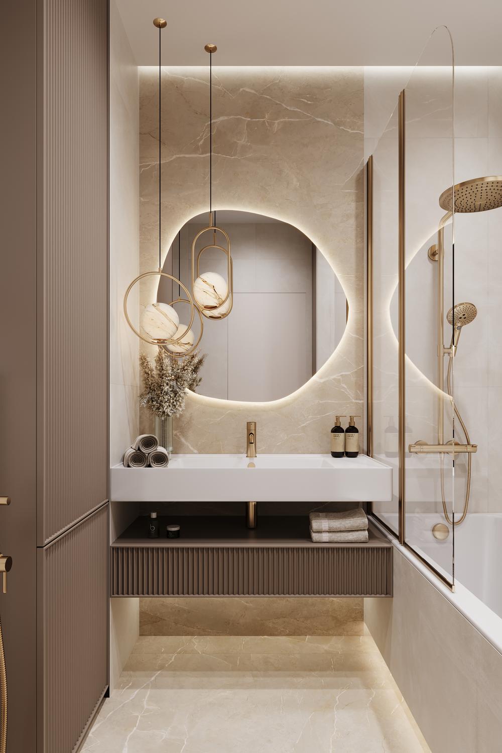 Необычный дизайн зеркала с подсветкой над раковиной для ванной