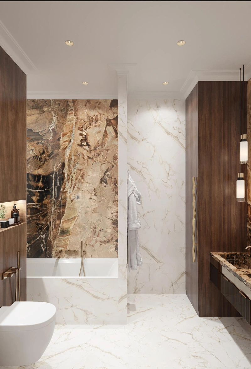 Дизайн ванной с использованием разноцветного мрамора