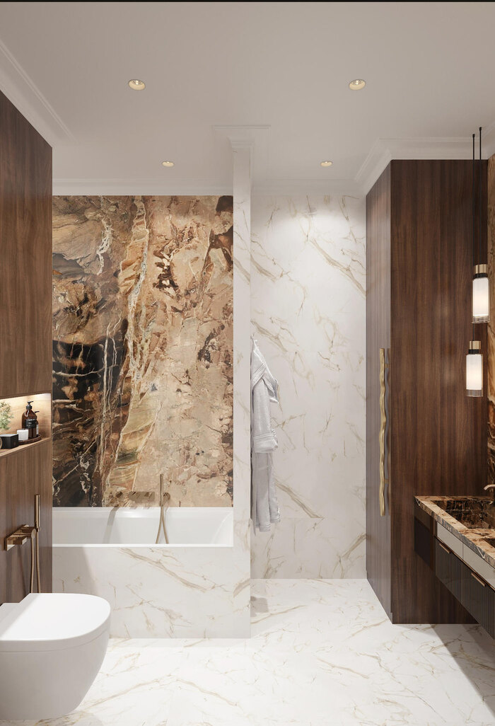 Дизайн ванной с использованием разноцветного мрамора