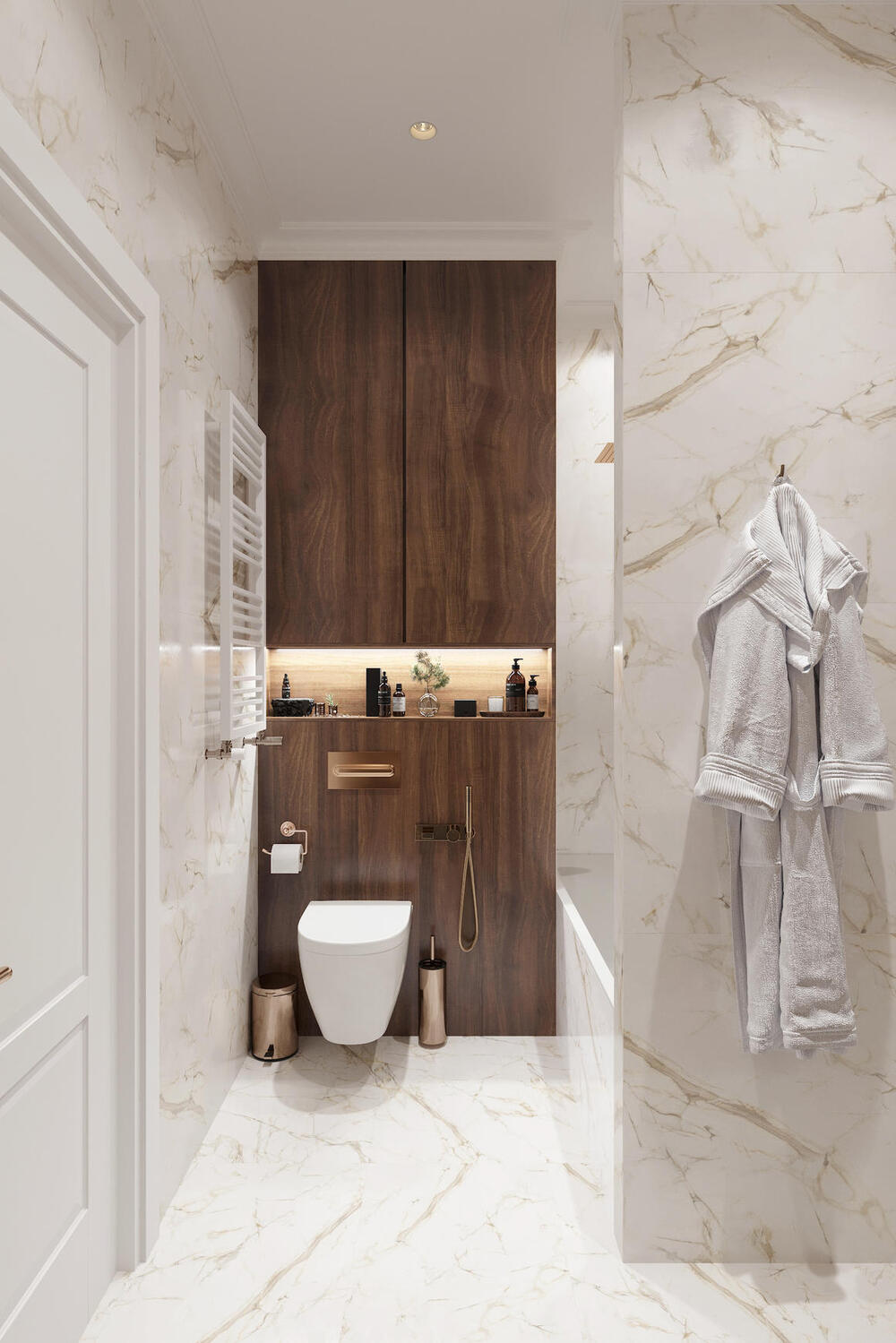 Сочетание дерева и мрамора в интерьере ванной