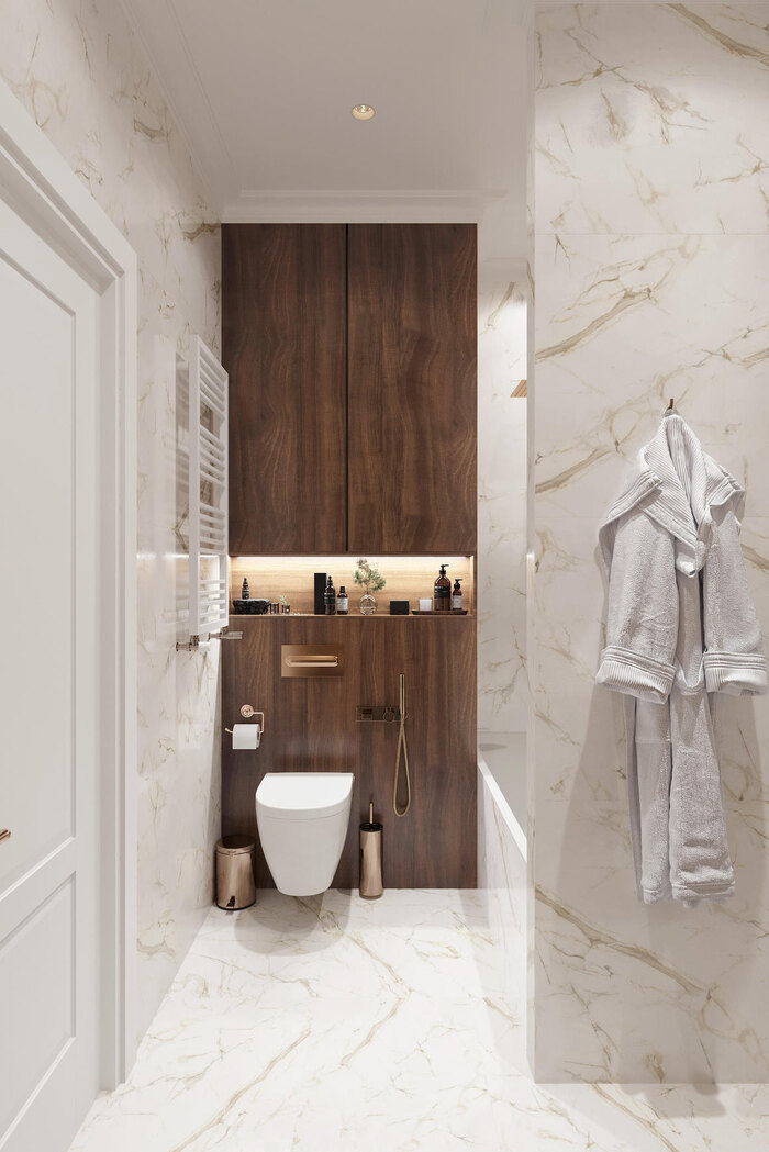 Сочетание дерева и мрамора в интерьере ванной