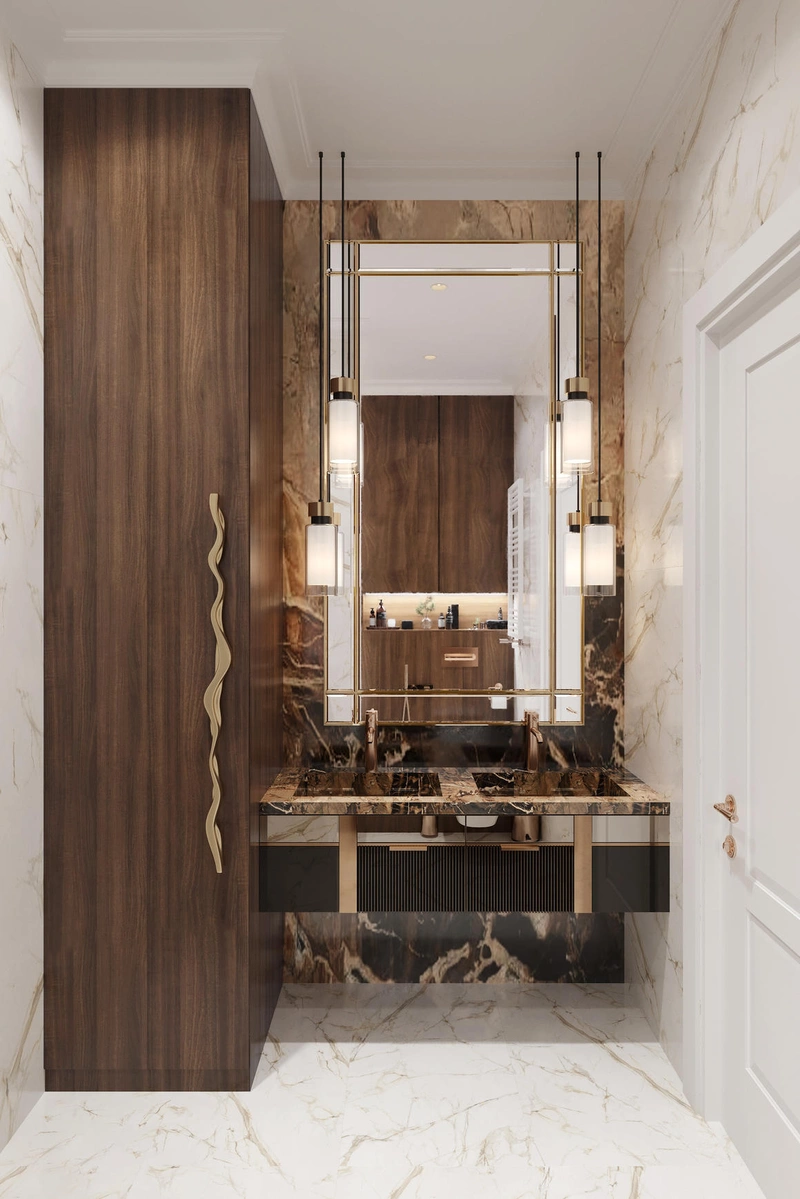 Две красивые раковины с бронзовыми смесителями в ванной