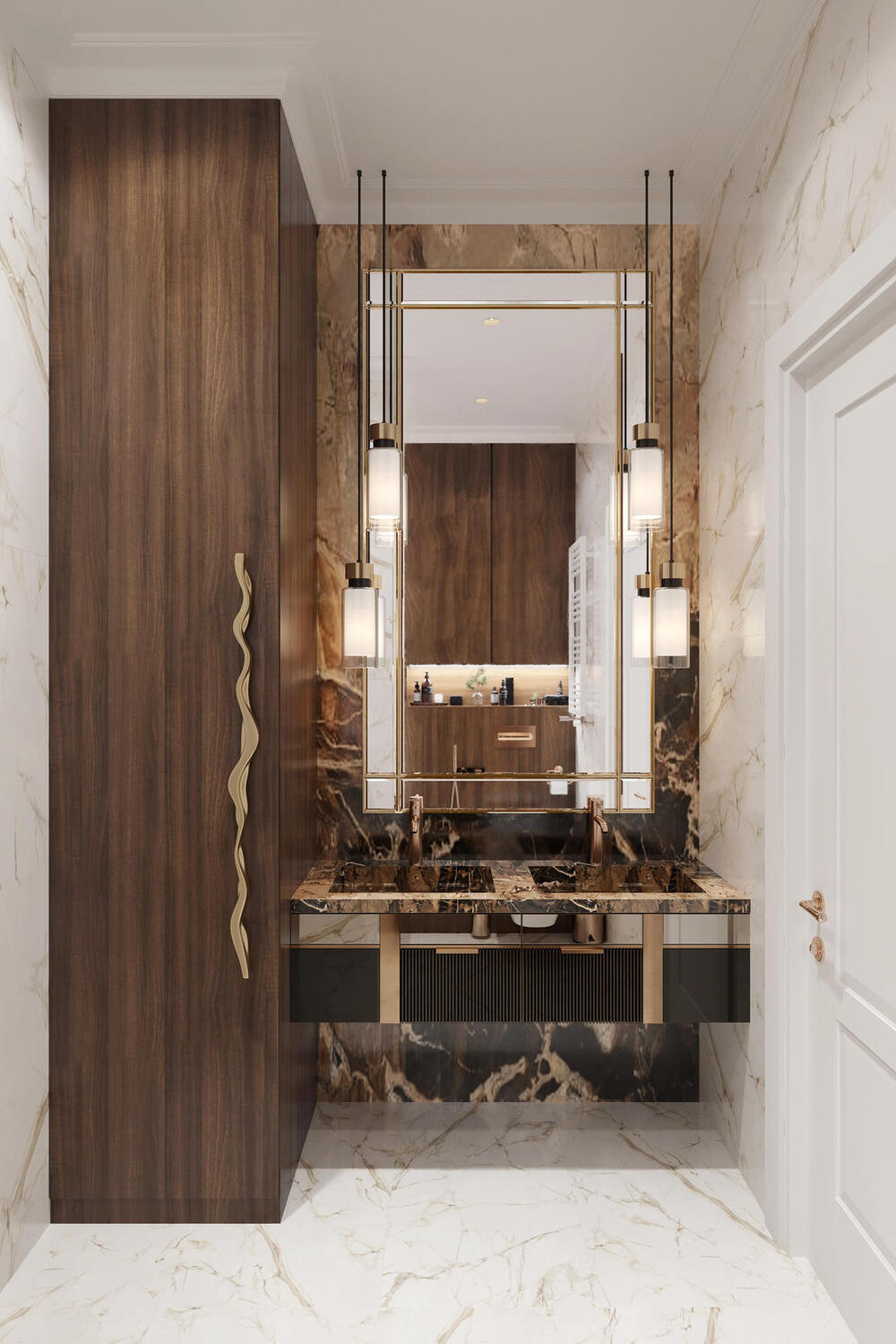 Две красивые раковины с бронзовыми смесителями в ванной