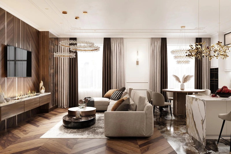 Пример объединения зон кухни и гостиной в стиле современная классика