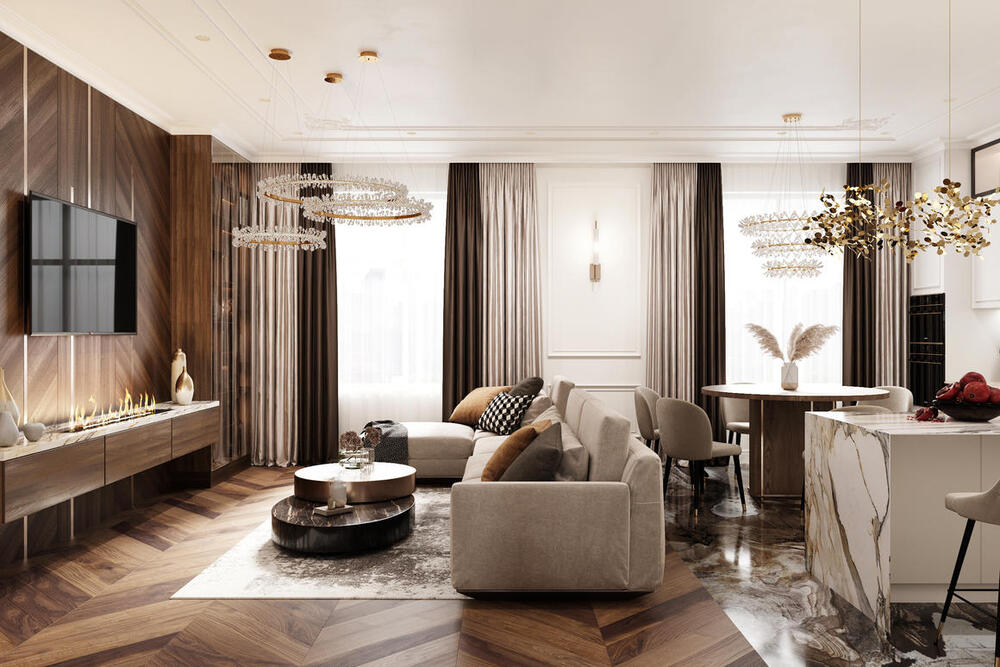 Пример объединения зон кухни и гостиной в стиле современная классика