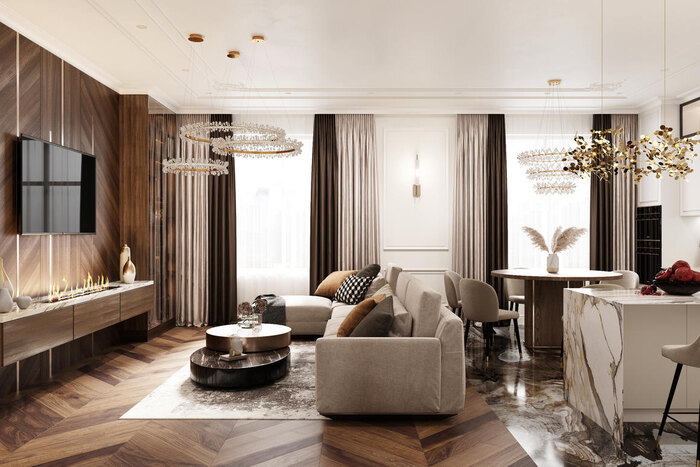 Пример объединения зон кухни и гостиной в стиле современная классика