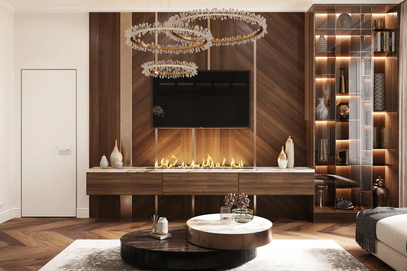 Дизайн интерьера гостиной с камином