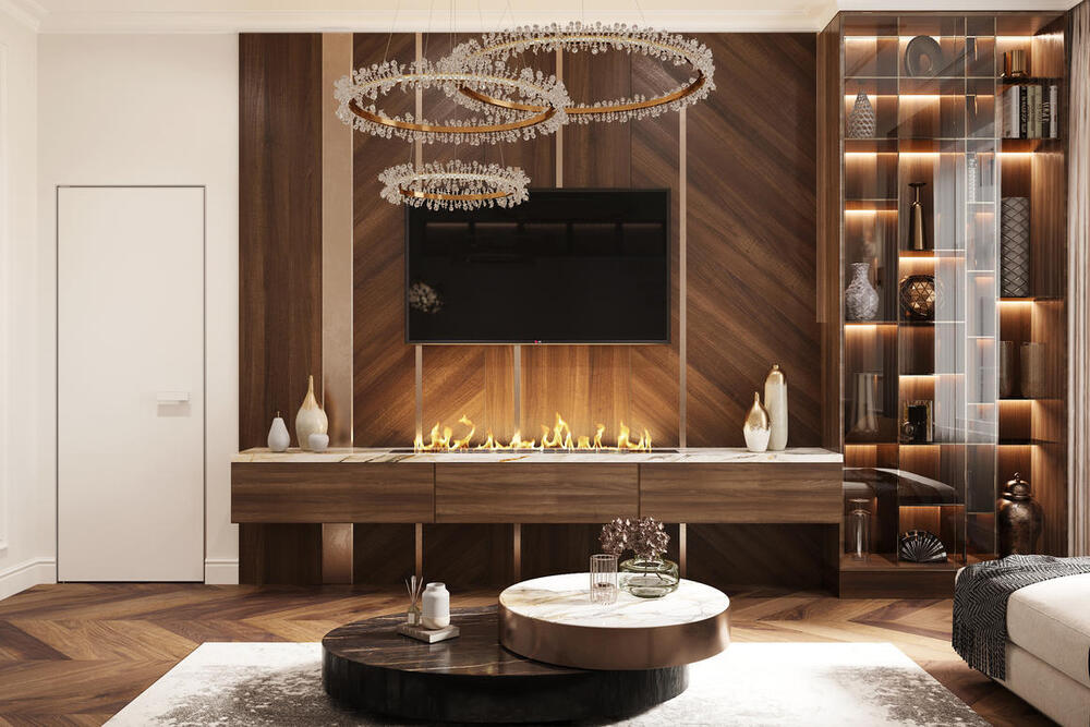 Дизайн интерьера гостиной с камином