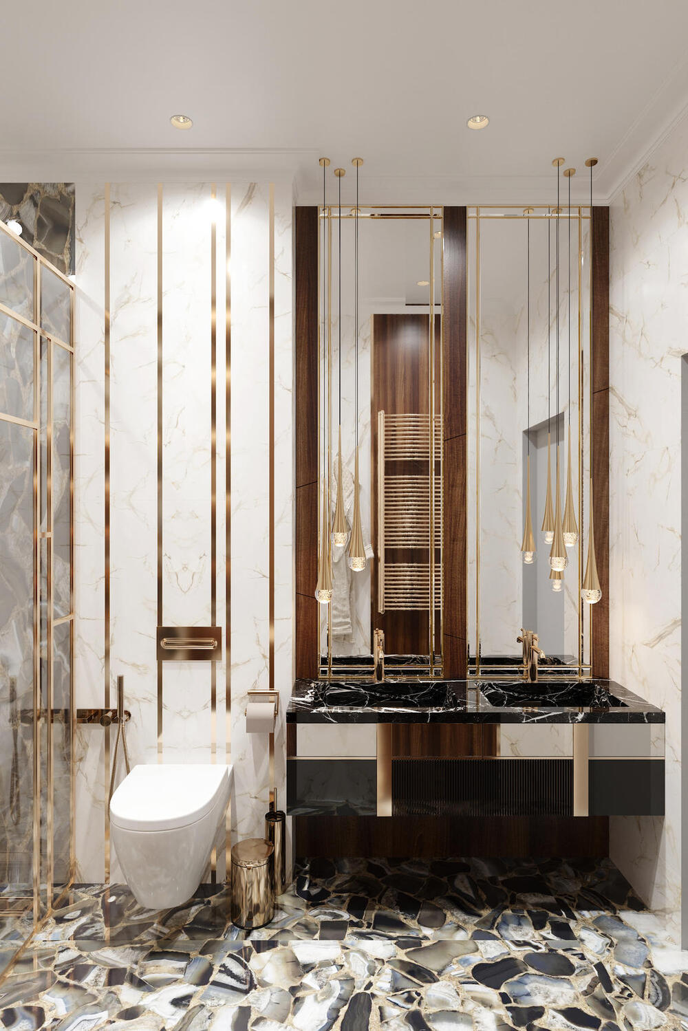 Золотые элементы в интерьере ванной