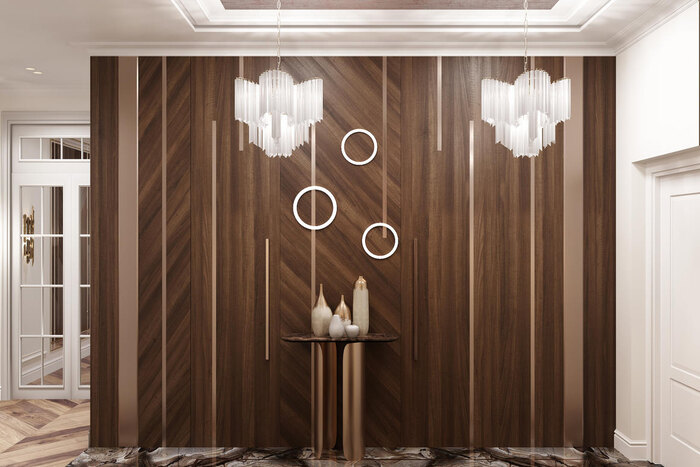 Дизайн холла с отделкой стен панелями из дерева