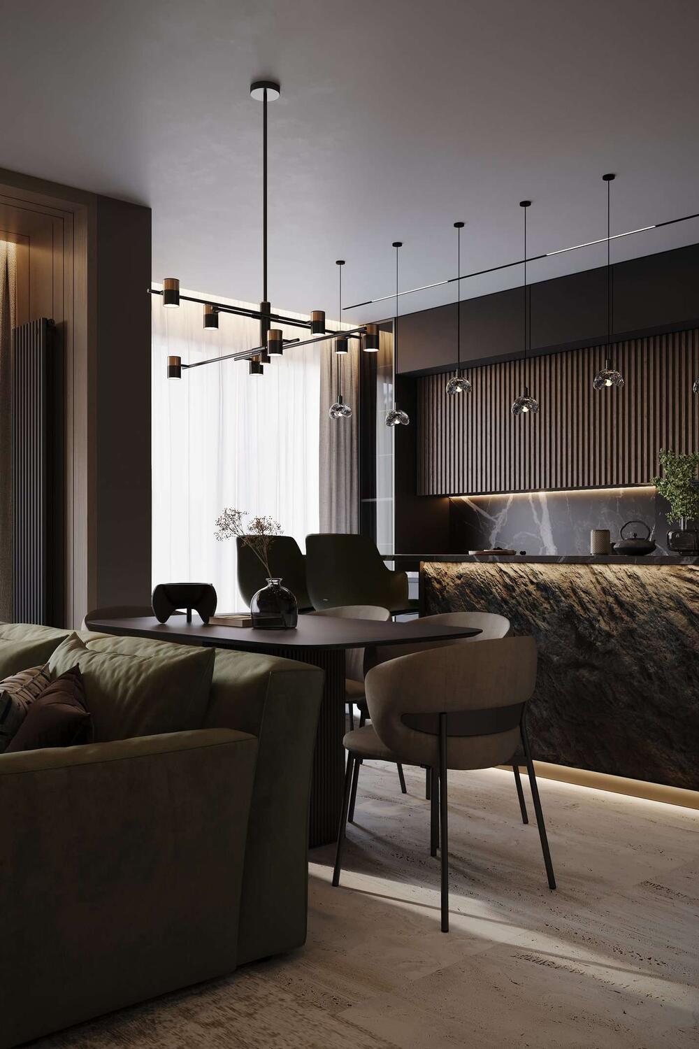 Современный интерьер со строгими линиями и фактурными материалами