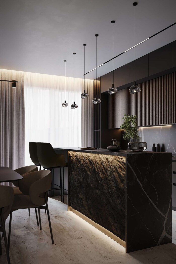 Тёмные фасады кухни и подвесные светильники подчёркивают современный стиль интерьера