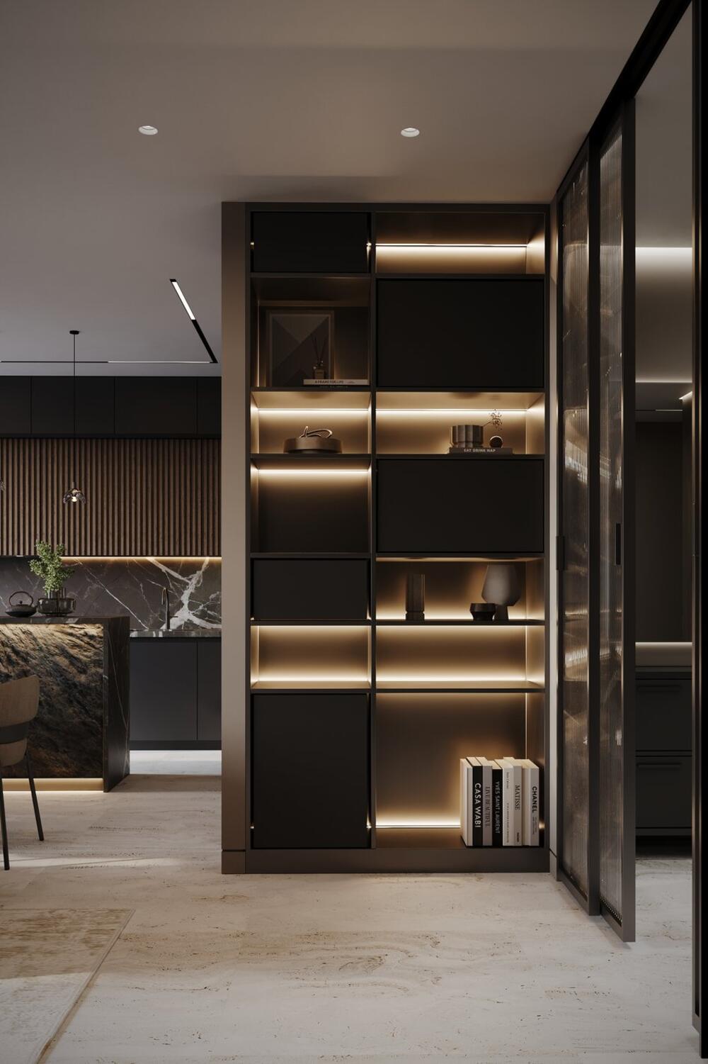 Открытые и закрытые полки, точечная подсветка в интерьере