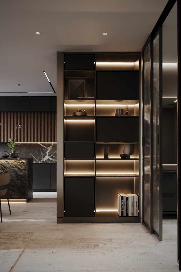 Открытые и закрытые полки, точечная подсветка в интерьере