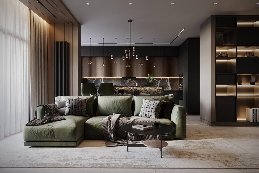 Интерьер оформлен с использованием камня, дерева и стекла