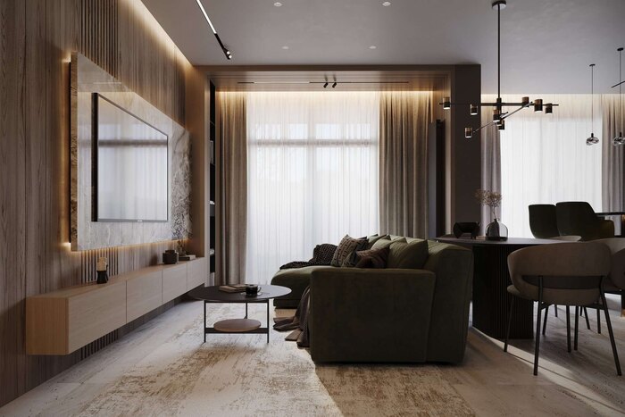 Естественные оттенки и фактурные поверхности создают стильный интерьер