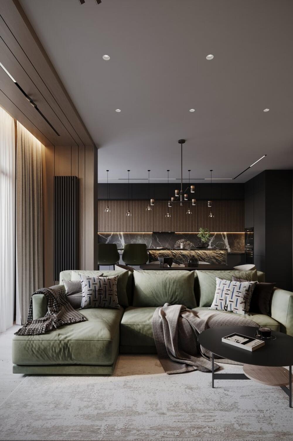 Дизайн с натуральными материалами и акцентными деревянными панелями в интерьере