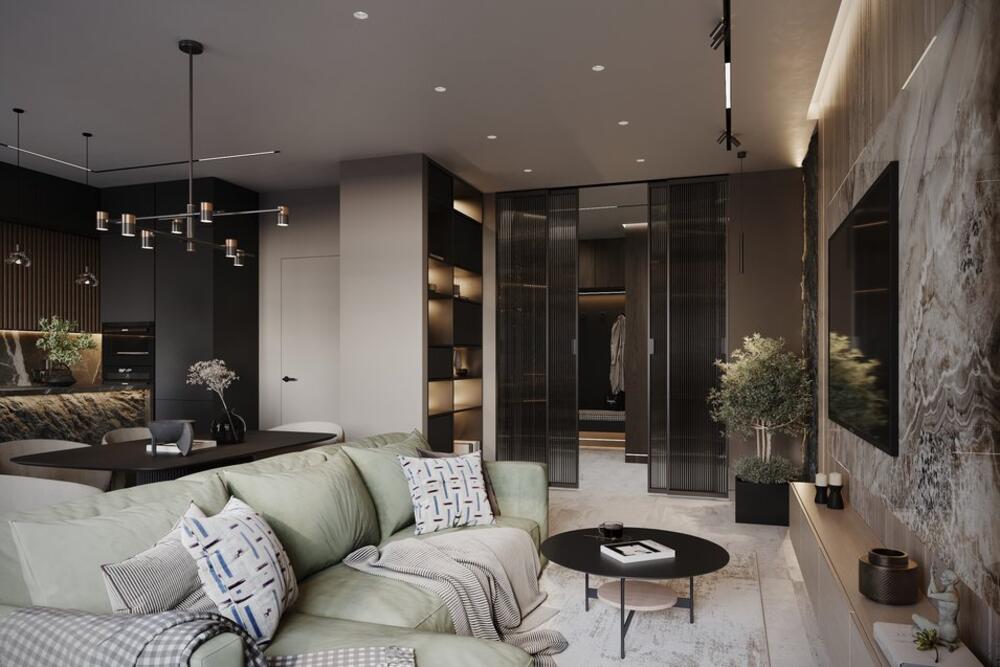 Светлые стены и мебель в темных тонах делают пространство выразительным