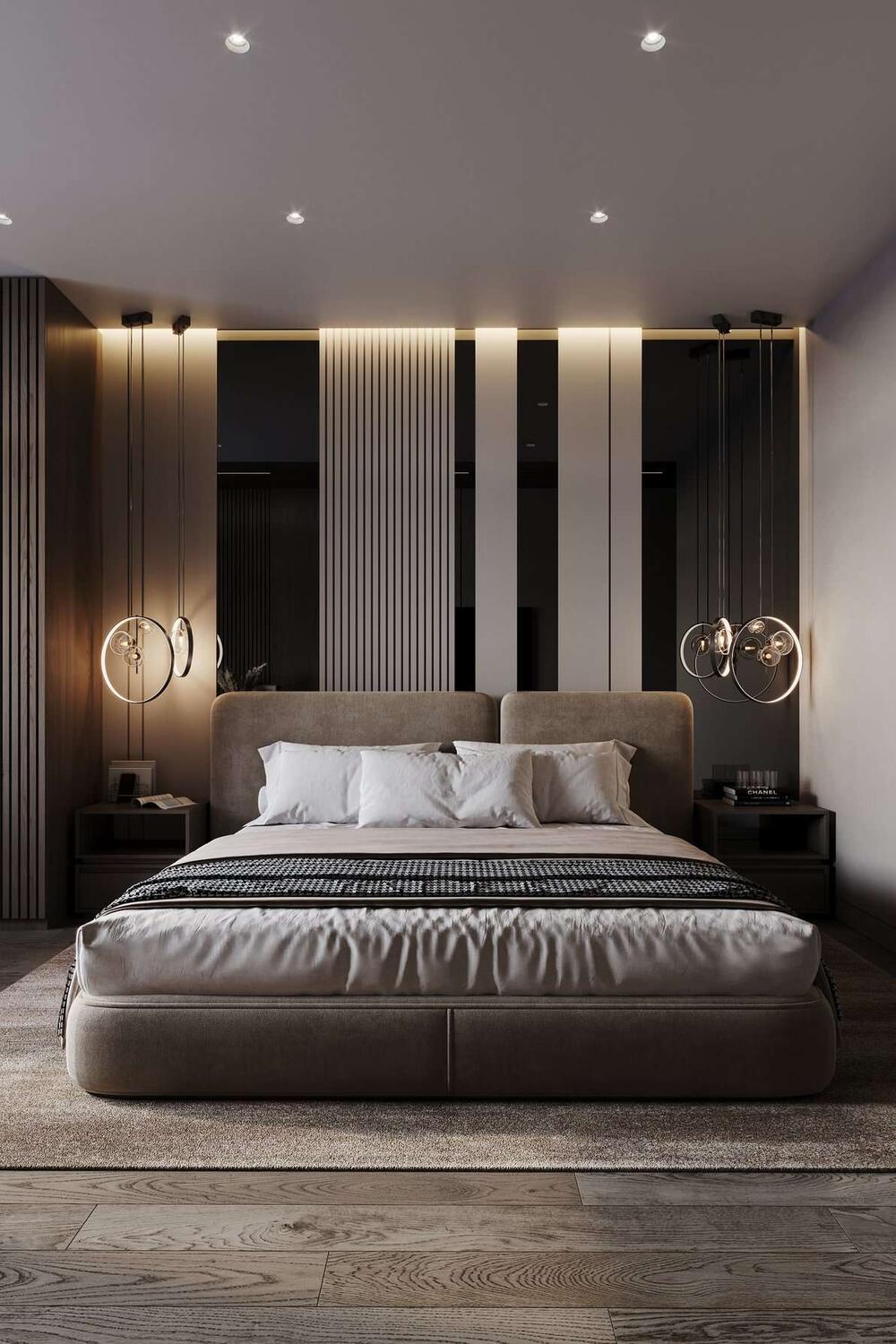 Сочетание натуральных материалов, тёплого света и декоративные элементы