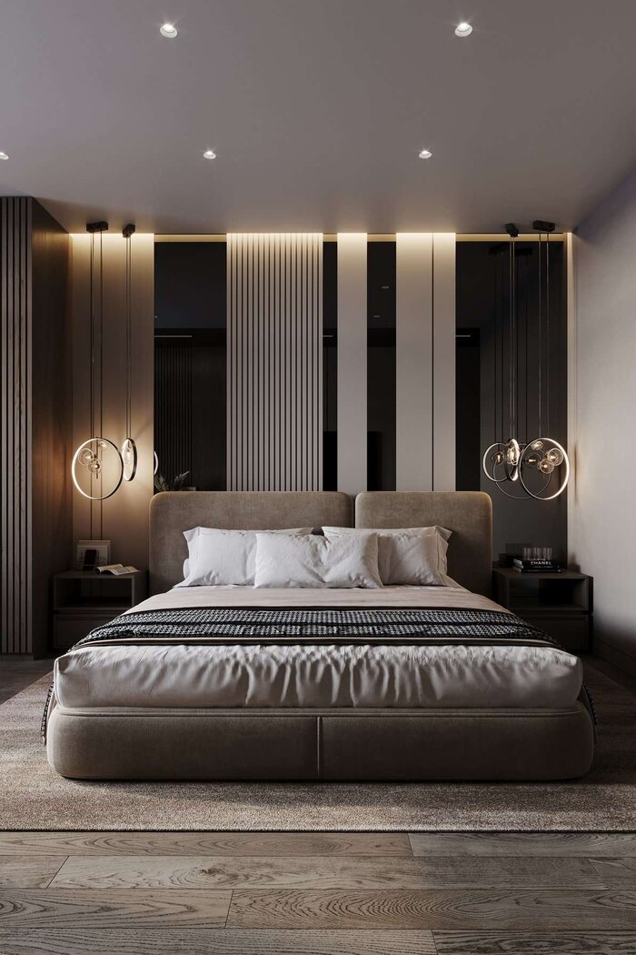 Сочетание натуральных материалов, тёплого света и декоративные элементы