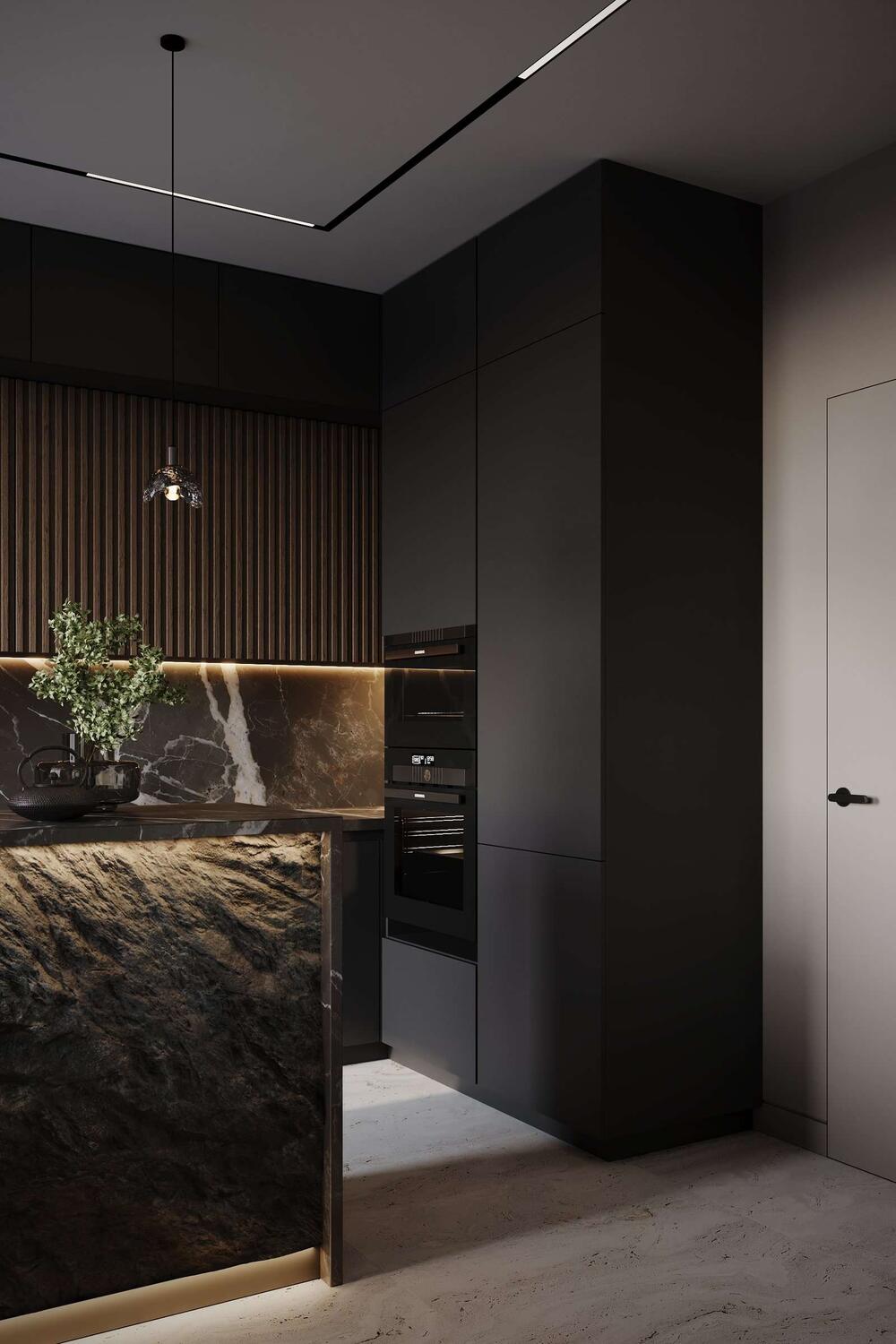 Контрастное сочетание материалов создаёт выразительный дизайн