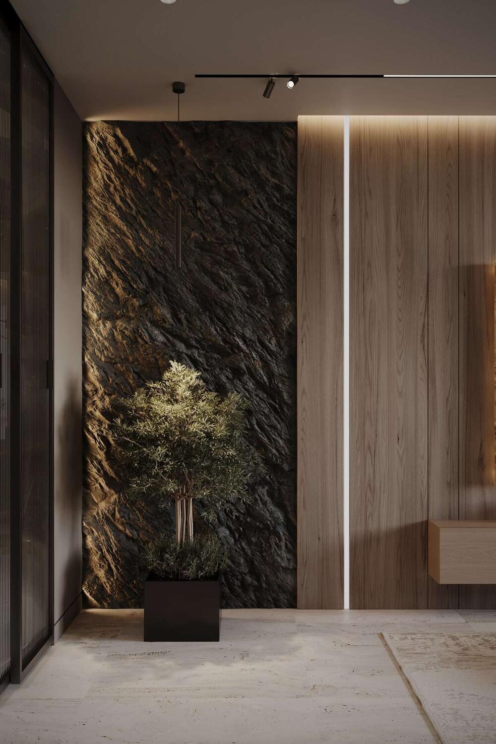 Чёрные поверхности в сочетании с натуральным деревом