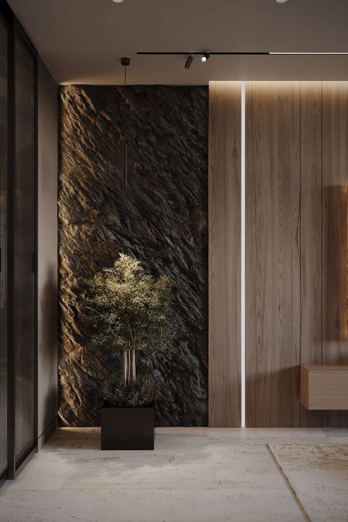 Чёрные поверхности в сочетании с натуральным деревом