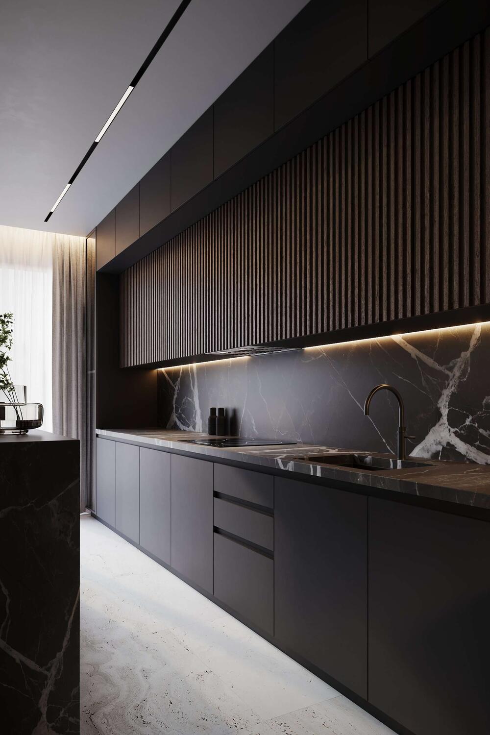 Большая кухня со столом-островом, дизайн в темных тонах, материалы - мрамор и дерево кофейных и табачных оттенков