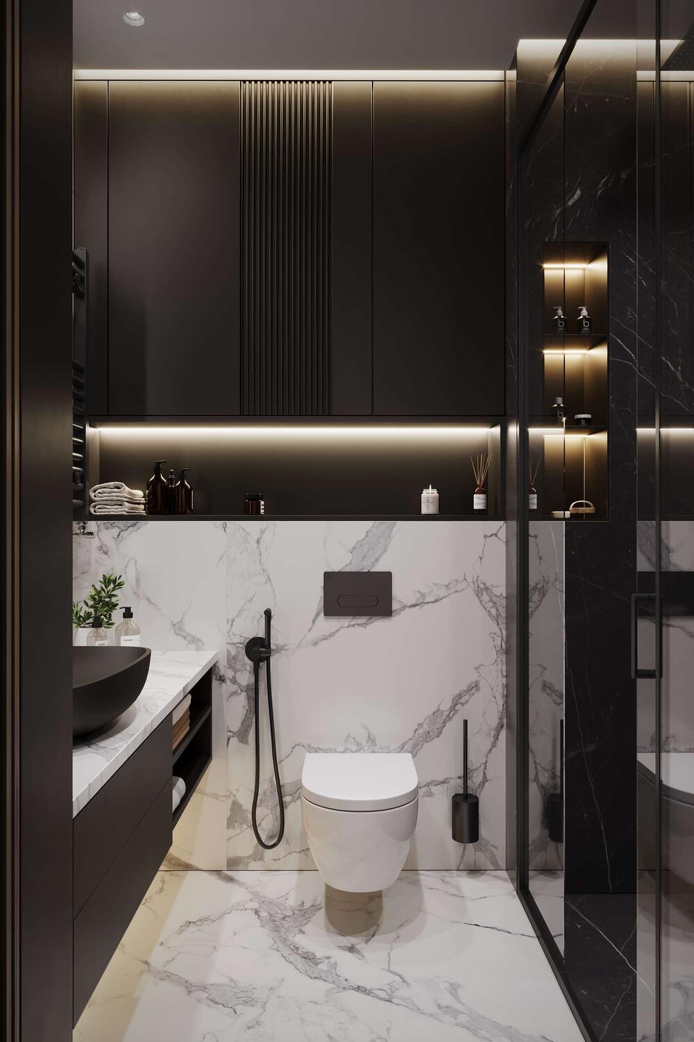 Контрастное оформление инсталляции туалета, сочетание белого мрамора и темного дерева