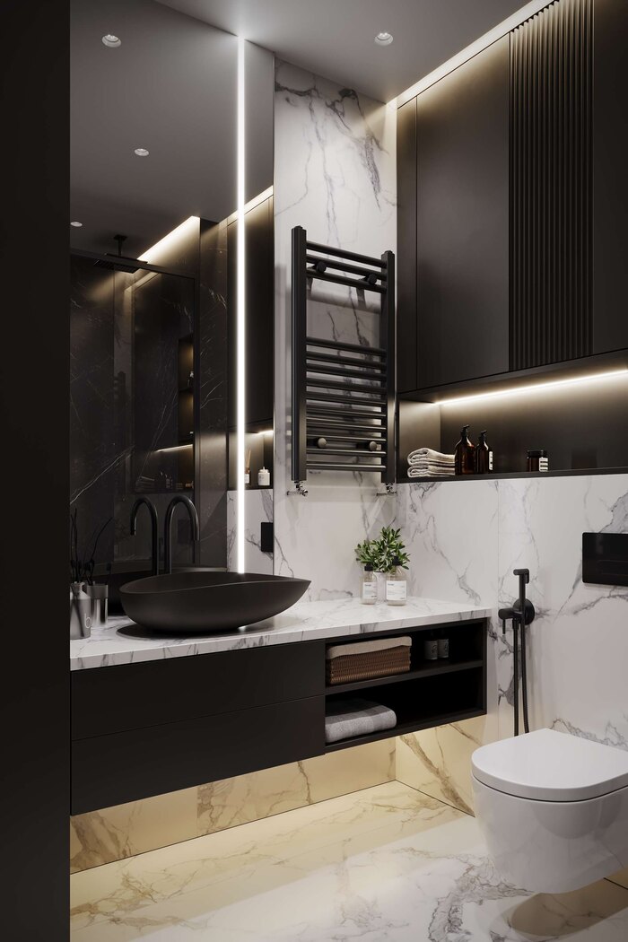 При создании планировки ванной или душевой необходимо продумать баланс открытых и закрытых мест для хранения чтобы в повседневной жизни не загромождать пространство