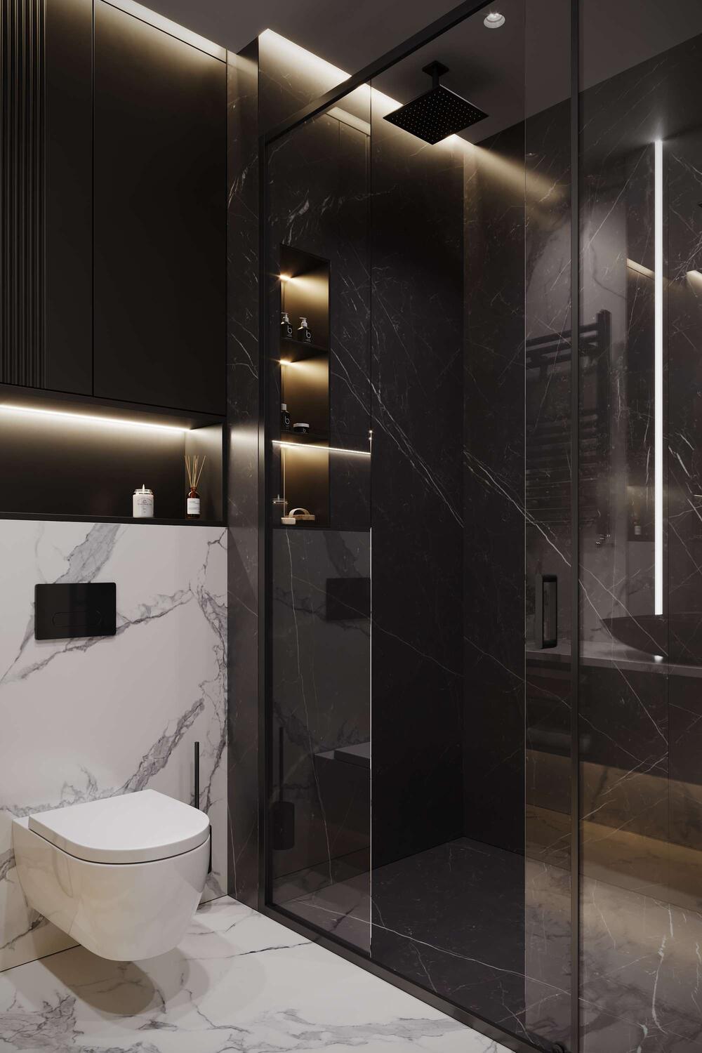 Сочетание темного и светлого в отделке душевой и санитарной зоны в квартире