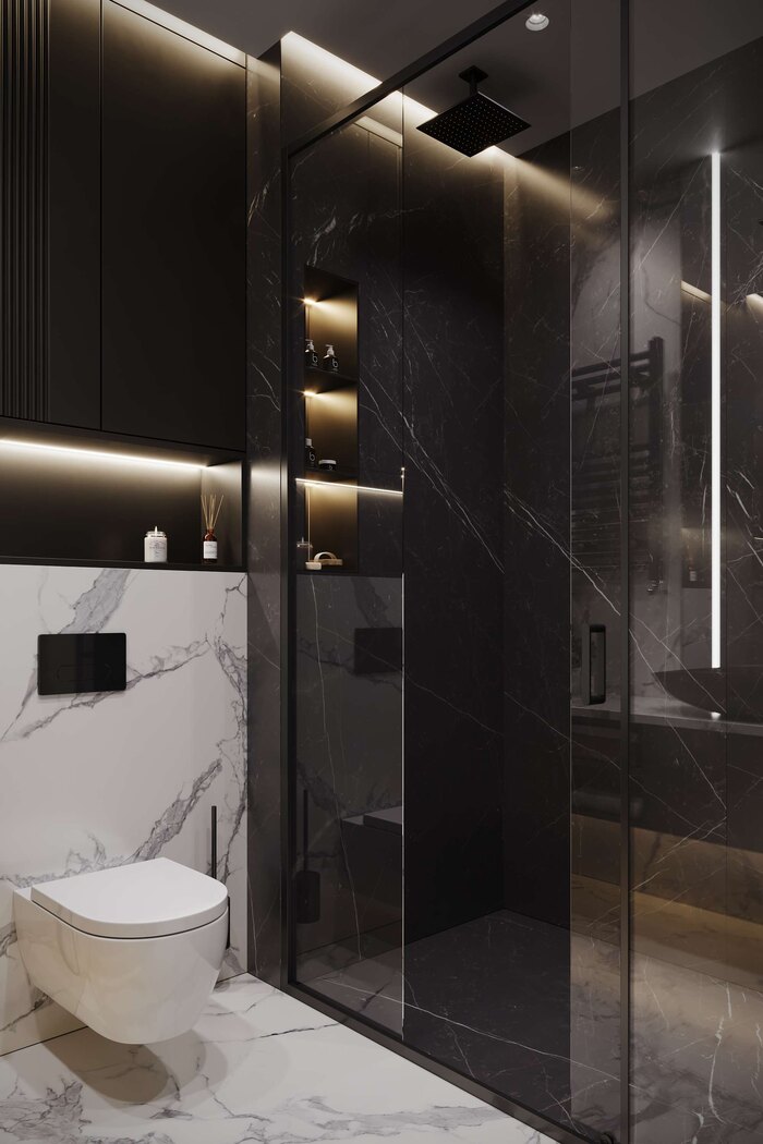 Сочетание темного и светлого в отделке душевой и санитарной зоны в квартире