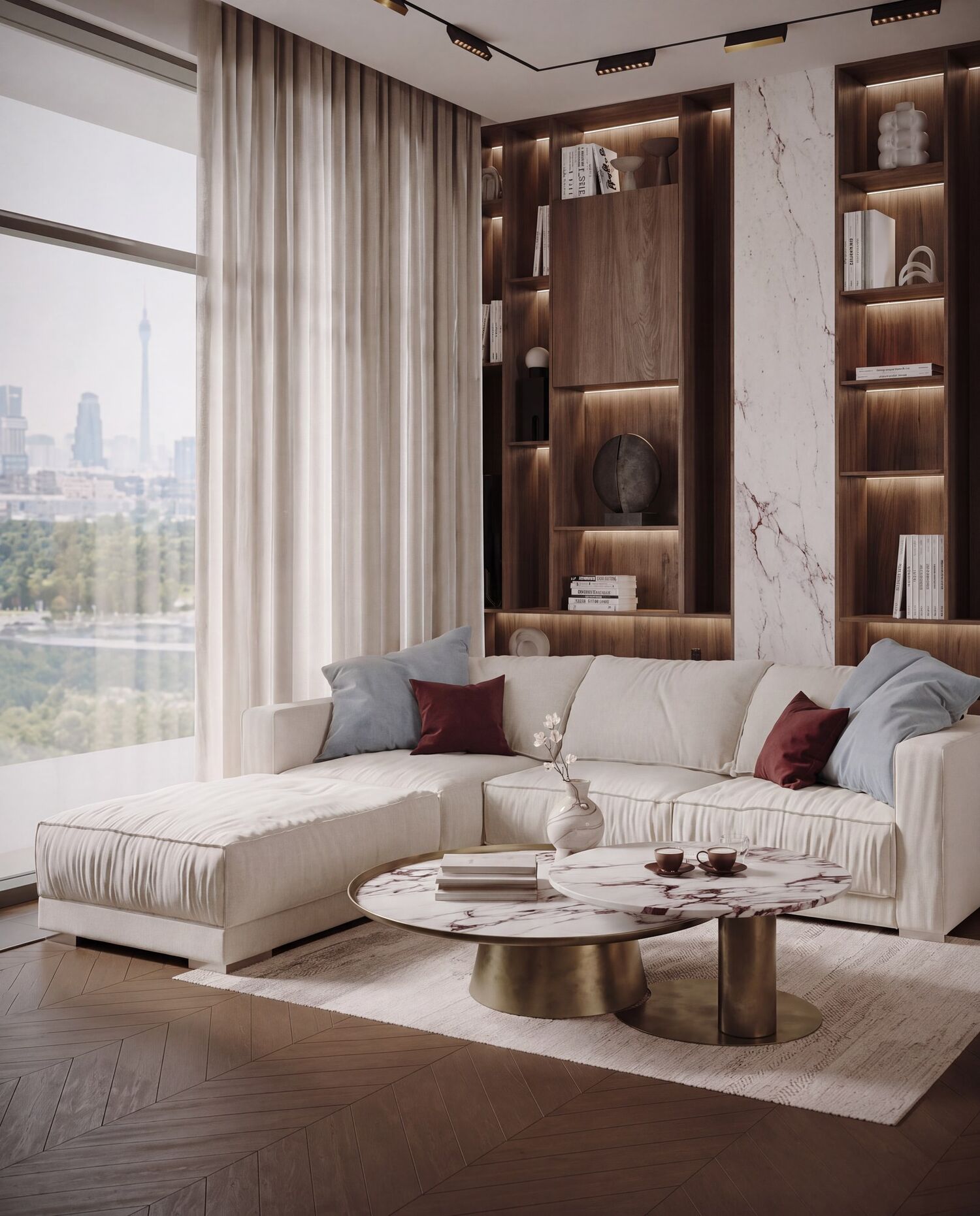 Дизайн квартиры для ЖК «Наследие» в Москве: кухня с бордовыми прожилками и светлый диван